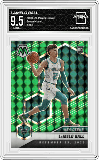 LaMelo Ball from the 2020-21 Panini Mosaic set featuring a Green Mosaic parallel graded by Arena Club and given an overall grade of 9.5.