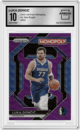 Luka Doncic from the 2023-24 Panini Prizm Monopoly set featuring a Purple parallel graded by Arena Club and given an overall grade of 10.