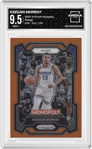 Keegan Murray from the 2023-24 Panini Prizm Monopoly set featuring a Orange parallel graded by Arena Club and given an overall grade of 9.5.