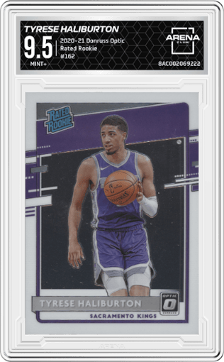 Tyrese Haliburton from the 2020-21 Panini Donruss Optic set graded by Arena Club and given an overall grade of 9.5.