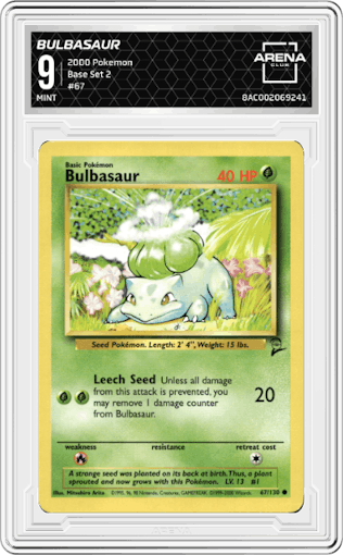 Bulbasaur from the 2000 Pokemon set graded by Arena Club and given an overall grade of 9.
