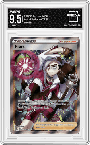 Piers from the 2022 Pokemon SWSH set graded by Arena Club and given an overall grade of 9.5.
