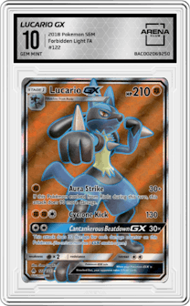 Lucario GX from the 2018 Pokemon S&M  set graded by Arena Club and given an overall grade of 10.