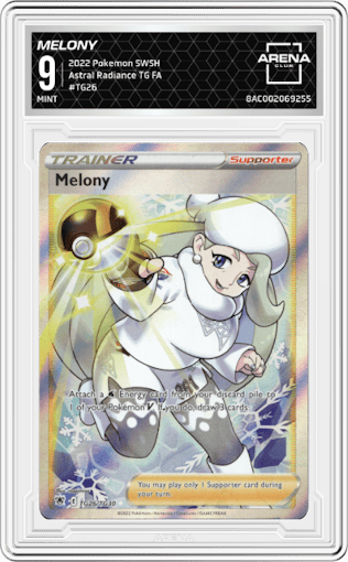 Melony from the 2022 Pokemon SWSH set graded by Arena Club and given an overall grade of 9.