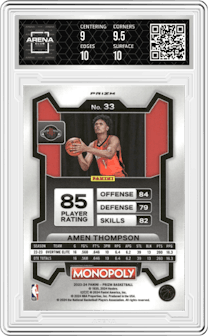 Amen Thompson  from the 2023-24 Panini Prizm Monopoly set featuring a Purple  parallel graded by Arena Club and given an overall grade of 9.5.