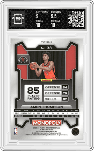 Amen Thompson  from the 2023-24 Panini Prizm Monopoly set featuring a Purple  parallel graded by Arena Club and given an overall grade of 9.5.