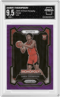 Amen Thompson  from the 2023-24 Panini Prizm Monopoly set featuring a Purple  parallel graded by Arena Club and given an overall grade of 9.5.