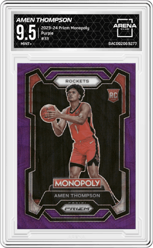 Amen Thompson  from the 2023-24 Panini Prizm Monopoly set featuring a Purple  parallel graded by Arena Club and given an overall grade of 9.5.
