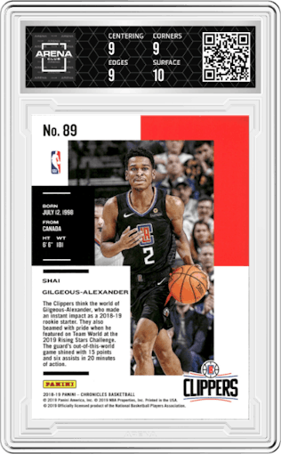 Shai Gilgeous-Alexander from the 2018-19 Panini Chronicles set graded by Arena Club and given an overall grade of 9.5.