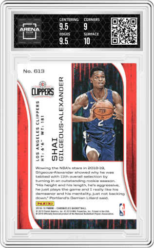 Shai Gilgeous-Alexander from the 2018-19 Panini Chronicles set graded by Arena Club and given an overall grade of 9.5.