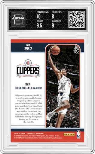 Shai Gilgeous-Alexander from the 2018-19 Panini Chronicles set graded by Arena Club and given an overall grade of 8.5.
