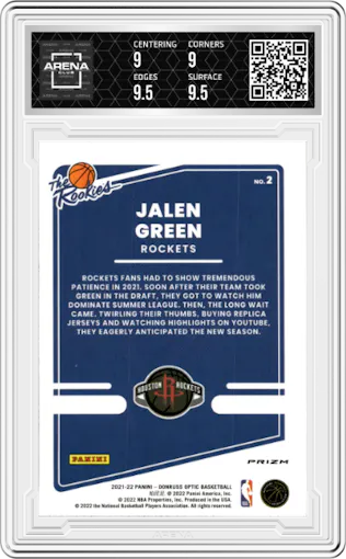 Jalen Green from the 2021-22 Panini Donruss Optic set featuring a Blue Pulsar parallel graded by Arena Club and given an overall grade of 9.5.