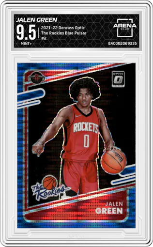 Jalen Green from the 2021-22 Panini Donruss Optic set featuring a Blue Pulsar parallel graded by Arena Club and given an overall grade of 9.5.