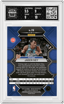 Jaden Ivey from the 2022-23 Panini Mosaic set featuring a Reactive Blue parallel graded by Arena Club and given an overall grade of 9.5.