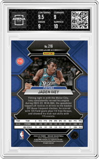 Jaden Ivey from the 2022-23 Panini Mosaic set featuring a Reactive Blue parallel graded by Arena Club and given an overall grade of 9.5.