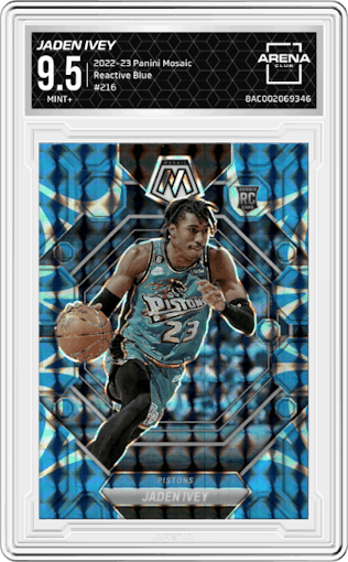 Jaden Ivey from the 2022-23 Panini Mosaic set featuring a Reactive Blue parallel graded by Arena Club and given an overall grade of 9.5.