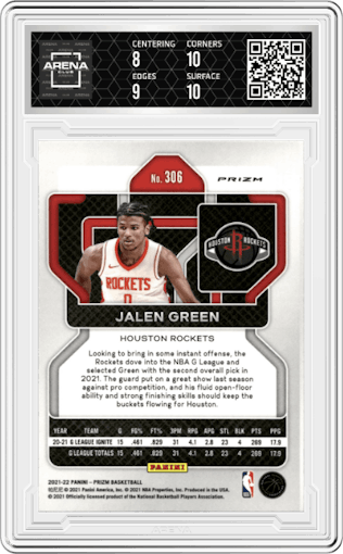 Jalen Green from the 2021-22 Panini Prizm  set featuring a Red/White/Blue Prizm parallel graded by Arena Club and given an overall grade of 8.5.