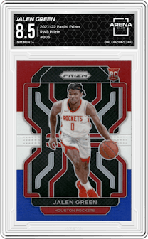 Jalen Green from the 2021-22 Panini Prizm  set featuring a Red/White/Blue Prizm parallel graded by Arena Club and given an overall grade of 8.5.
