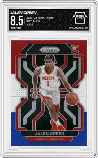 Jalen Green from the 2021-22 Panini Prizm  set featuring a Red/White/Blue Prizm parallel graded by Arena Club and given an overall grade of 8.5.
