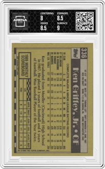 Ken Griffey Jr. from the 1990 Topps set graded by Arena Club and given an overall grade of 8.5.