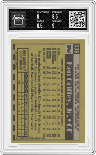 Ken Griffey Jr. from the 1990 Topps set graded by Arena Club and given an overall grade of 8.5.