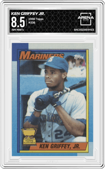 Ken Griffey Jr. from the 1990 Topps set graded by Arena Club and given an overall grade of 8.5.