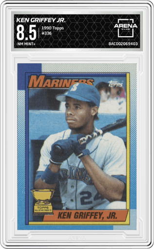 Ken Griffey Jr. from the 1990 Topps set graded by Arena Club and given an overall grade of 8.5.