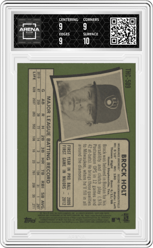 Brock Holt from the 2020 Topps Heritage High Number set featuring a Hot Box Refractor parallel graded by Arena Club and given an overall grade of 9.5.