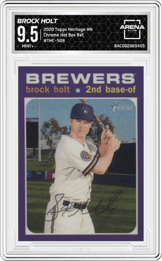 Brock Holt from the 2020 Topps Heritage High Number set featuring a Hot Box Refractor parallel graded by Arena Club and given an overall grade of 9.5.