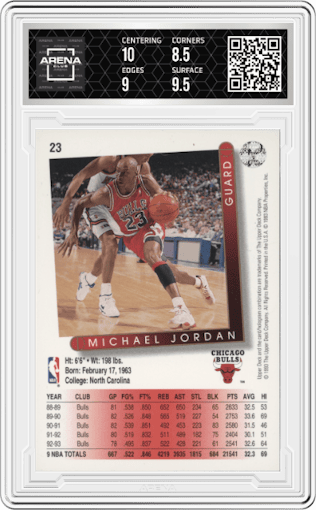 Michael Jordan from the 1993-94 Upper Deck  set graded by Arena Club and given an overall grade of 9.
