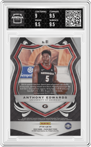 Anthony Edwards from the 2020-21 Panini Prizm Draft Picks set featuring a Red/White/Blue Prizm parallel graded by Arena Club and given an overall grade of 9.5.