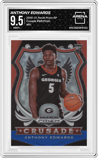 Anthony Edwards from the 2020-21 Panini Prizm Draft Picks set featuring a Red/White/Blue Prizm parallel graded by Arena Club and given an overall grade of 9.5.