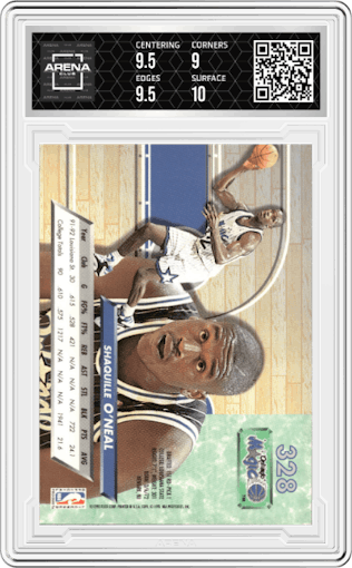 Shaquille O’Neal from the 1992-93 Fleer Ultra set graded by Arena Club and given an overall grade of 9.5.