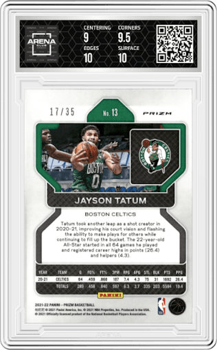 Jayson Tatum from the 2021-22 Panini Prizm  set featuring a Purple Pulsar parallel graded by Arena Club and given an overall grade of 9.5.