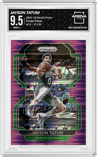 Jayson Tatum from the 2021-22 Panini Prizm  set featuring a Purple Pulsar parallel graded by Arena Club and given an overall grade of 9.5.