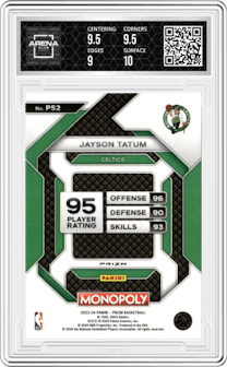 Jayson Tatum from the 2023-24 Panini Prizm Monopoly set featuring a Monopoly Man Black and White parallel graded by Arena Club and given an overall grade of 9.5.