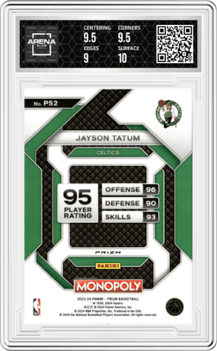 Jayson Tatum from the 2023-24 Panini Prizm Monopoly set featuring a Monopoly Man Black and White parallel graded by Arena Club and given an overall grade of 9.5.