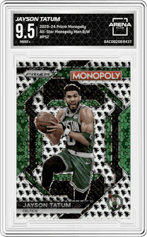 Jayson Tatum from the 2023-24 Panini Prizm Monopoly set featuring a Monopoly Man Black and White parallel graded by Arena Club and given an overall grade of 9.5.