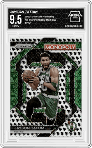 Jayson Tatum from the 2023-24 Panini Prizm Monopoly set featuring a Monopoly Man Black and White parallel graded by Arena Club and given an overall grade of 9.5.