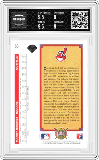 Manny Ramirez from the 1992 Upper Deck set graded by Arena Club and given an overall grade of 9.5.