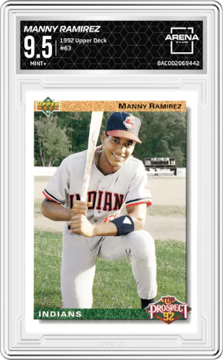 Manny Ramirez from the 1992 Upper Deck set graded by Arena Club and given an overall grade of 9.5.