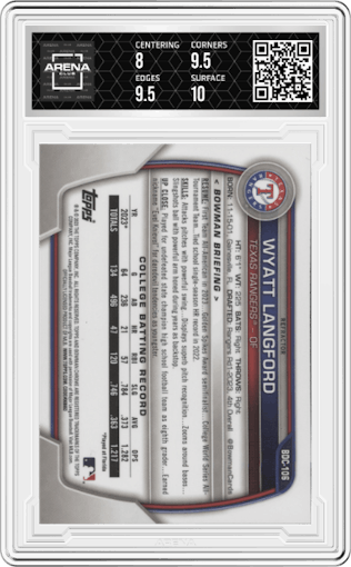 Wyatt Langford from the 2023 Bowman Draft set featuring a Refractor parallel graded by Arena Club and given an overall grade of 8.5.