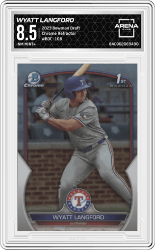 Wyatt Langford from the 2023 Bowman Draft set featuring a Refractor parallel graded by Arena Club and given an overall grade of 8.5.