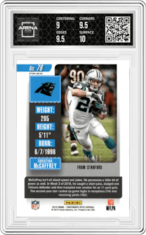 Christian McCaffrey from the 2018 Panini Contenders Optic set featuring a Blue parallel graded by Arena Club and given an overall grade of 9.5.