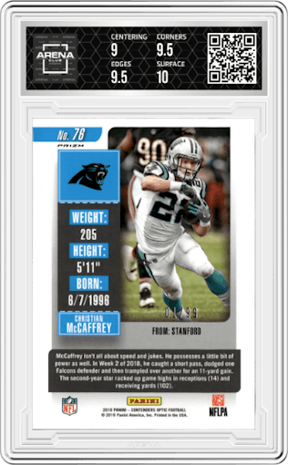 Christian McCaffrey from the 2018 Panini Contenders Optic set featuring a Blue parallel graded by Arena Club and given an overall grade of 9.5.