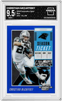 Christian McCaffrey from the 2018 Panini Contenders Optic set featuring a Blue parallel graded by Arena Club and given an overall grade of 9.5.