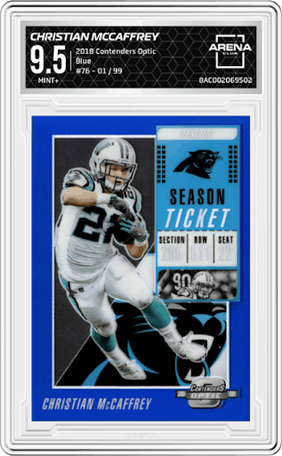 Christian McCaffrey from the 2018 Panini Contenders Optic set featuring a Blue parallel graded by Arena Club and given an overall grade of 9.5.