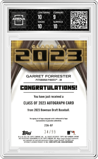 Garret Forrester from the 2023 Bowman Draft set featuring a Green Refractor parallel graded by Arena Club and given an overall grade of 9.5.