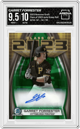 Garret Forrester from the 2023 Bowman Draft set featuring a Green Refractor parallel graded by Arena Club and given an overall grade of 9.5.
