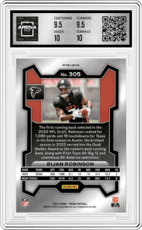 Bijan Robinson from the 2023 Panini Prizm set featuring a Silver Prizm parallel graded by Arena Club and given an overall grade of 10.